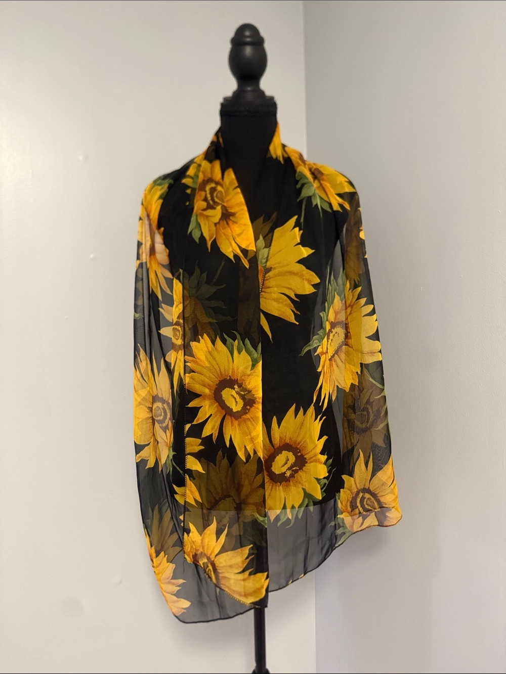 Sunflower Print Sheer Scarf Top - Black & Yellow